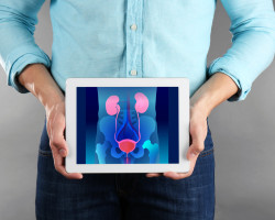 Man with tablet in hands. Urinary system on screen. Urology concept.